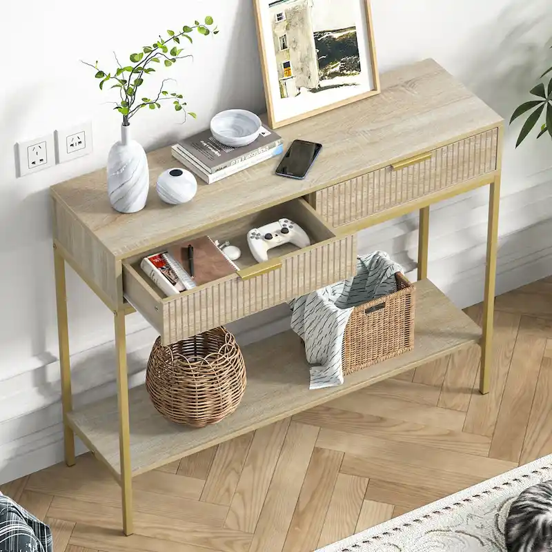 Anmytek Modern Console Table Narrow Long Console Entryway Table with 2 Drawers