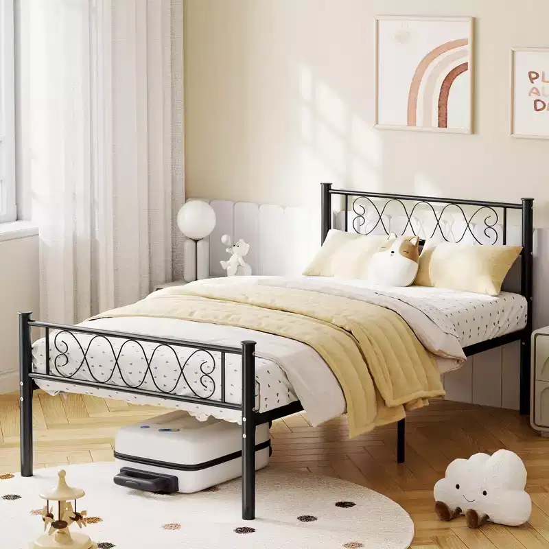 Black Twin XL Bed Frame with Headboard and Footboard for Girls and Boys, Metal Platform Bed Frame with Iron-Art Sweet Heart, No Box Spring Needed