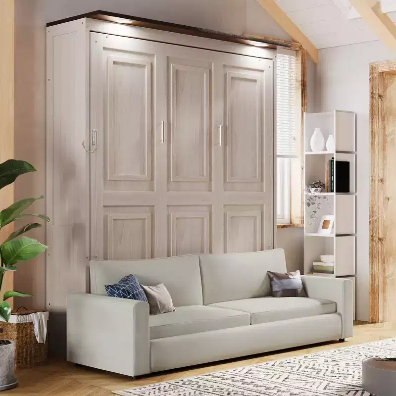 Queen Size Murphy Bed with Sofa, Wooden Queen Cabinet Bed Wall Bed with LED Light, Folding Wall Chest Bed with for Guest Room, Beige