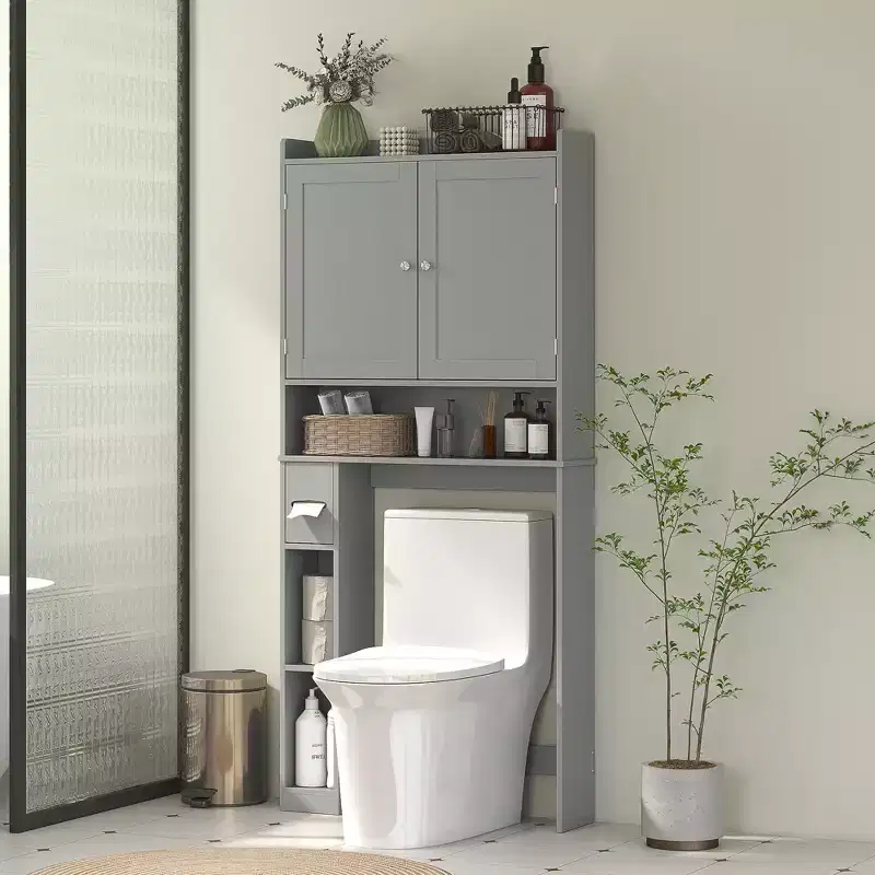 HOMCOM Over the Toilet Storage Cabinet, Modern Above Toilet Bathroom Organizer with 2 Doors, Toilet Paper Holder, Freestanding Space Saver