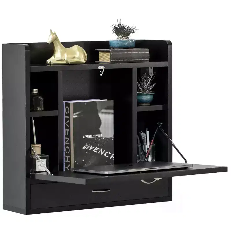 Basicwise Wall Mount Folding Laptop Writing Computer or Makeup Desk with Storage Shelves and Drawer