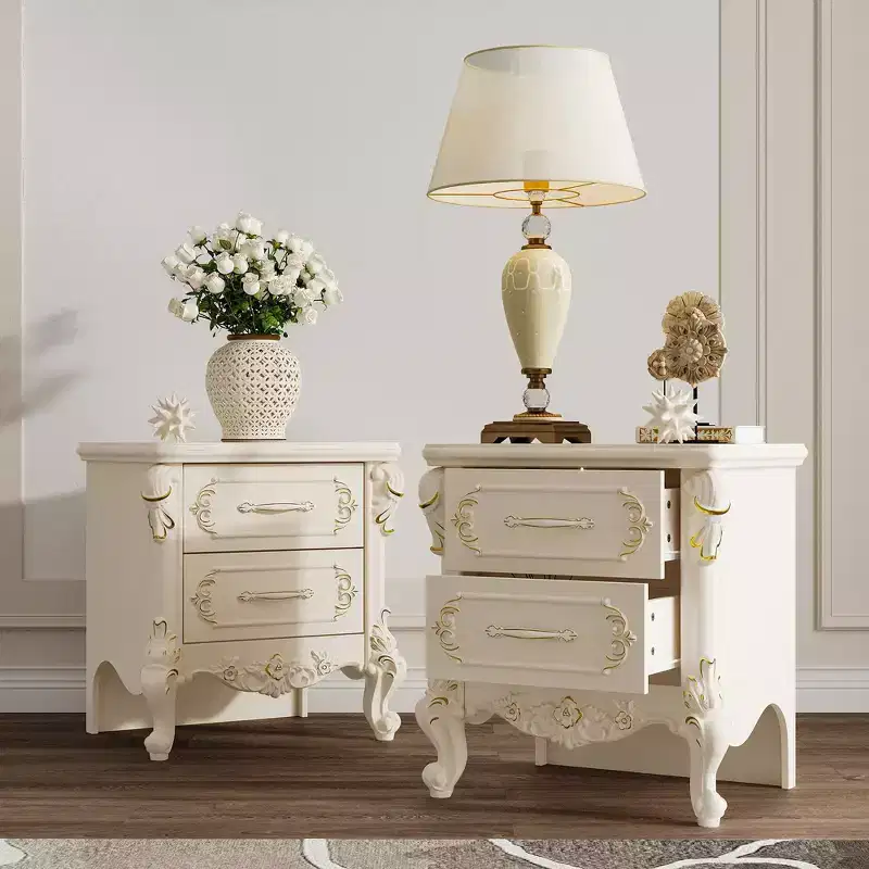 Famapy French Country White Nightstand with Double Drawers & Gold Accents,Ornate Carvings,Side Table,Elegant Storage for Bedroom