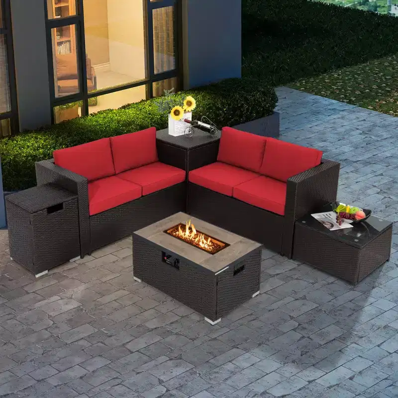 Costway 6PCS Patio Rattan Furniture Set 32'' Fire Pit Table Tank Holder with Cover Beige/Navy/Red/Turquoise