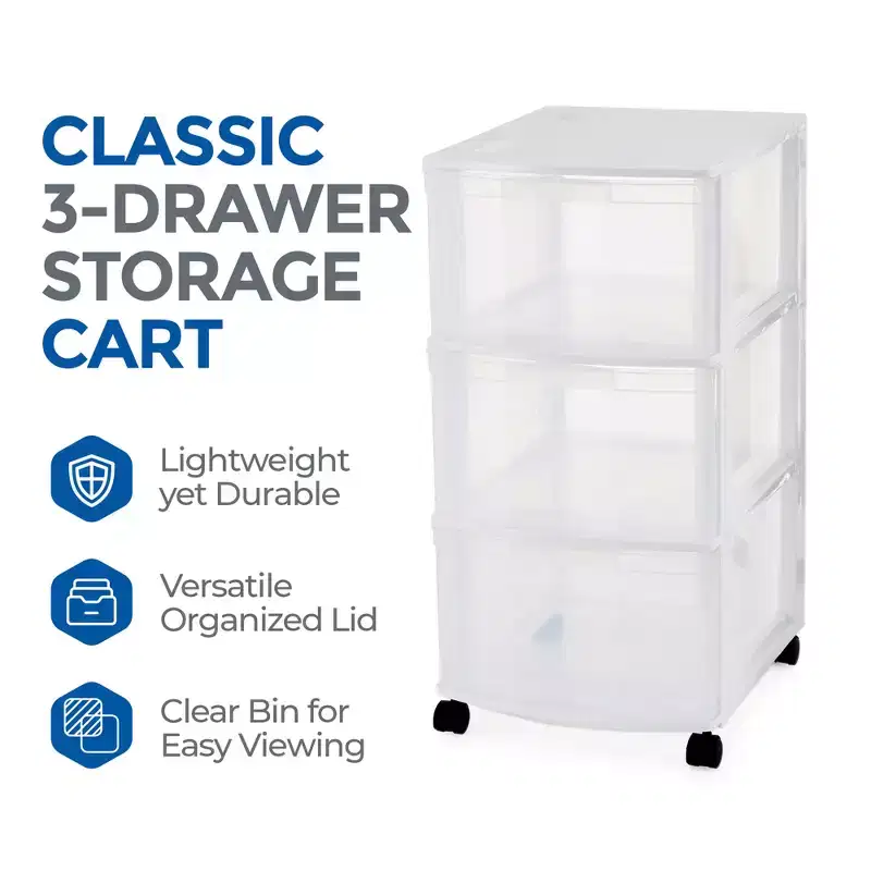 Gracious Living Classic 3 Drawer Organizer Plastic Storage Cart w/ Wheels