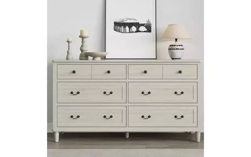 Heynemo Large 6 Drawer Dresser for Bedroom, 58 Wide Modern Chest of Drawers, Dresser TV Stand with Metal Handle, Wood Drawer Organizer, Grey Light
