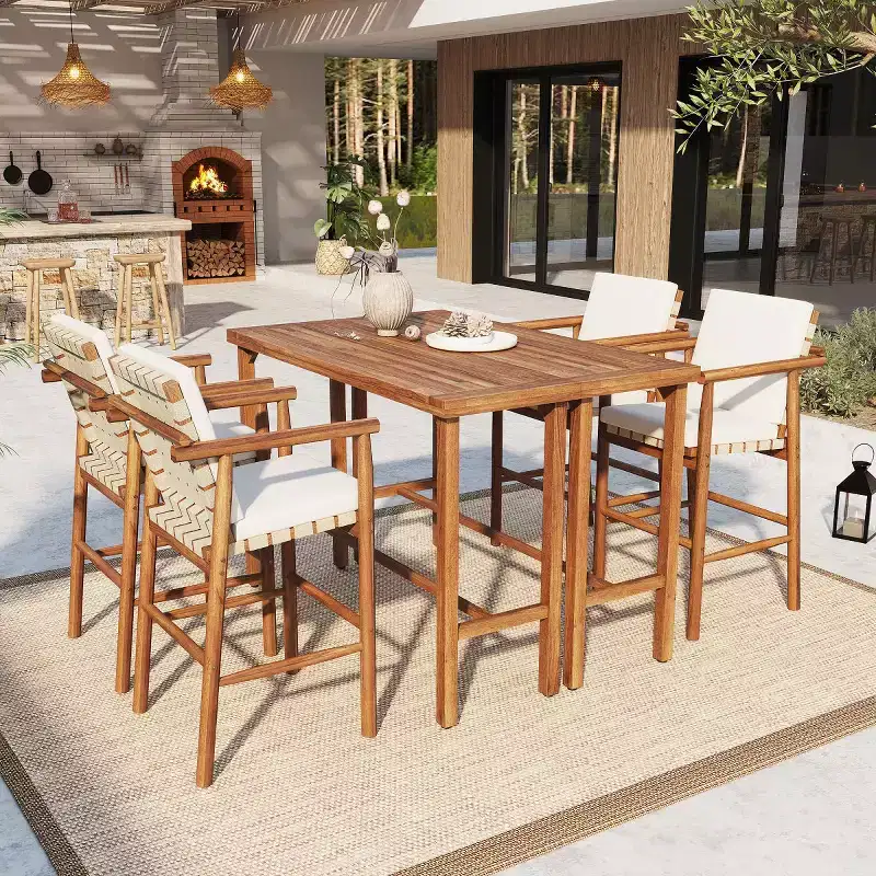 6-Piece Patio Bar Dining Set, 2 Counter-Height Acacia Wood Tables with 4 Cushioned Outdoor Stools for Backyard & Poolside-Panipeachy