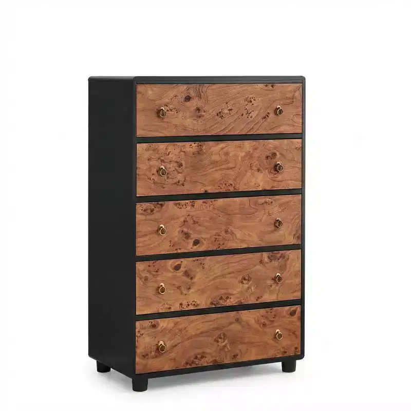 Modern 46 Tall 5-Drawer Dresser, Vertical Wood Chest with Curved Design & Vintage Round Handles, Natural Oak for Bedroom & Living Room Storage