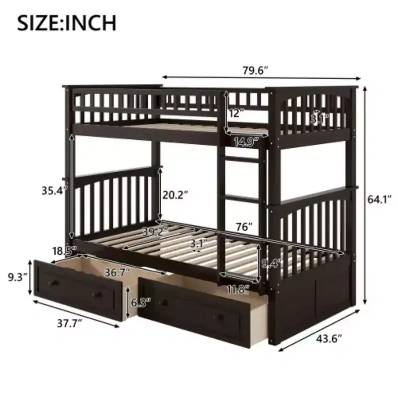 Twin over Twin Bunk Bed with Drawers, Convertible Beds, Espresso