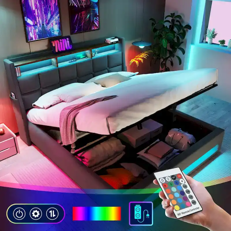 Grey Full Size Upholstered Platform Bed with Hydraulic Storage, LED Lighting and USB Charging