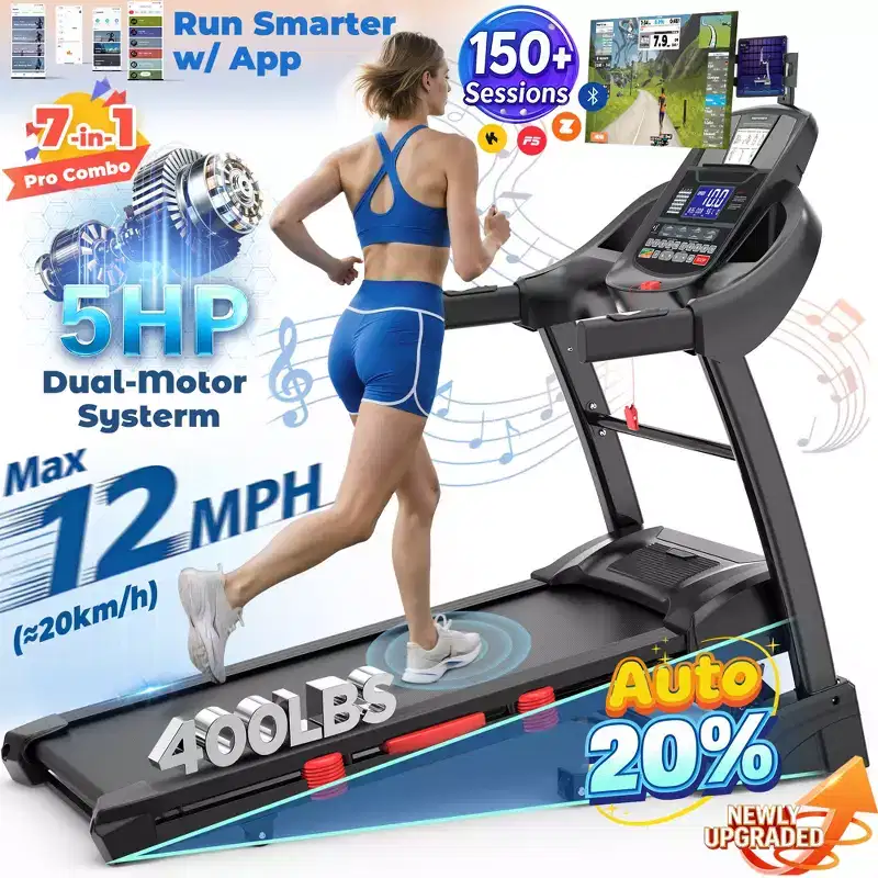 5HP Foldable Treadmill for Home w/ 20% Auto Incline&12MPH,400lbs Capacity,Portable Treadmill,Personalized Workout w/ APP,Running Walking treadmill