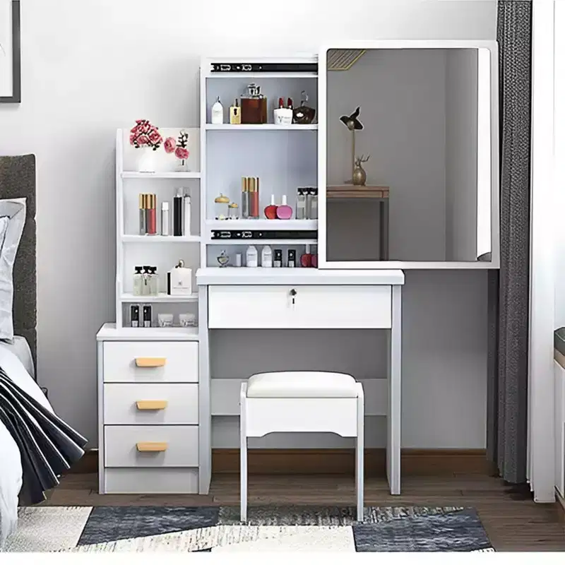 Modern White Vanity Desk with Large Mirror, 4 Drawers & Chair