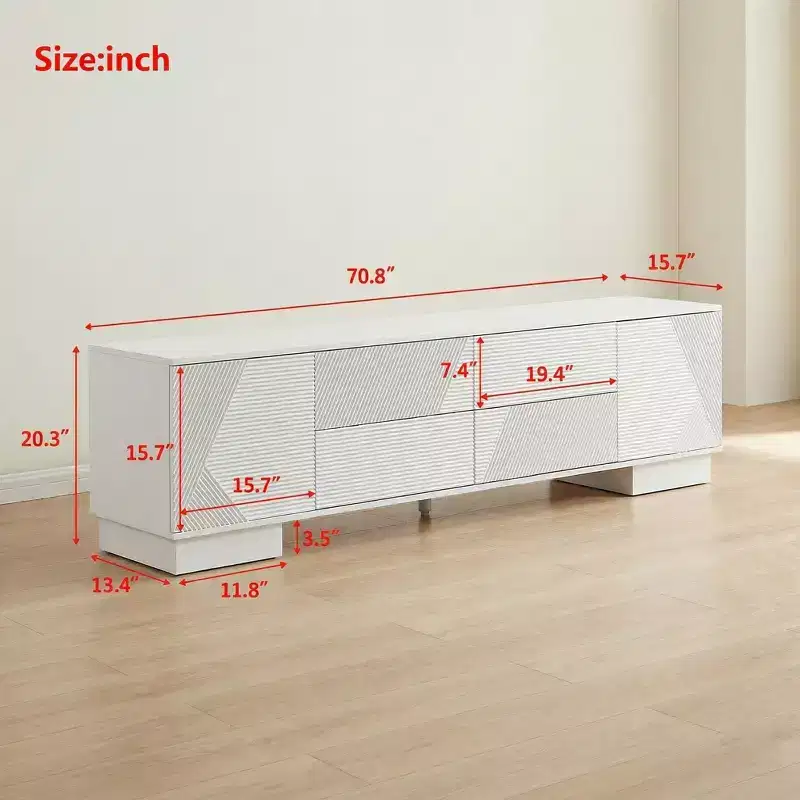 JVNOXK 70.8-inch Modern TV Stand, Suitable for TVs 75 inches and under, Featuring Storage Cabinet with 4 Drawers and Metal Center Leg, White