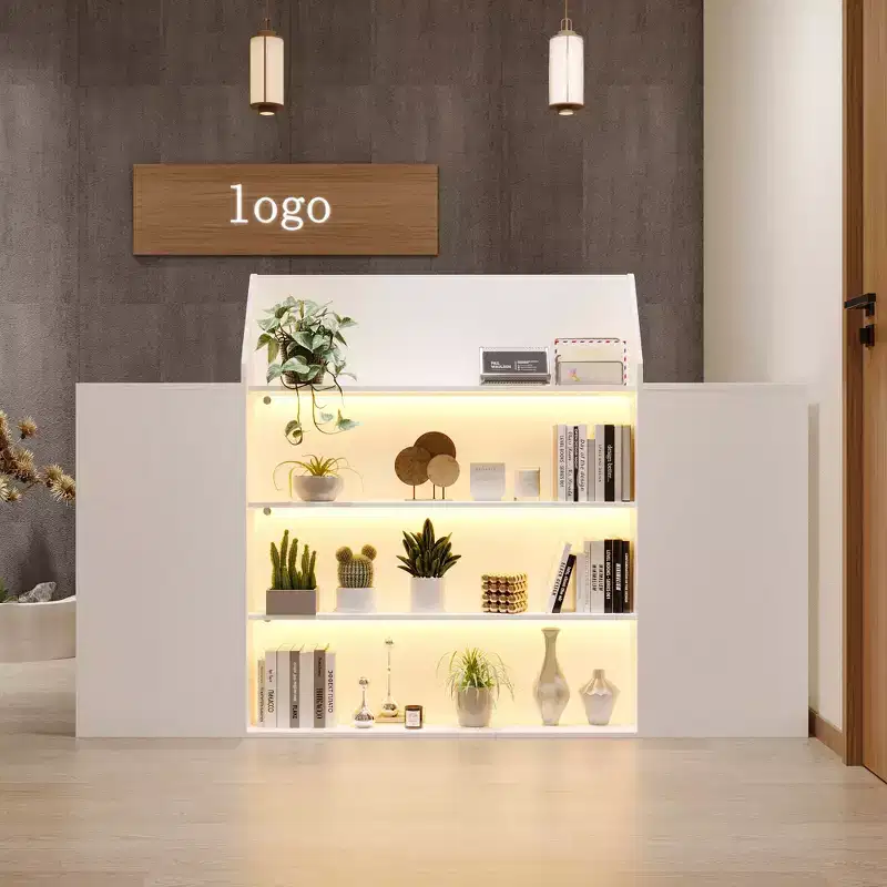 White Multi-Function Reception Desk Cash Register: Lockable Storage + LED Display Shelves + Keyboard Tray Modern Cash Register/Welcome Station