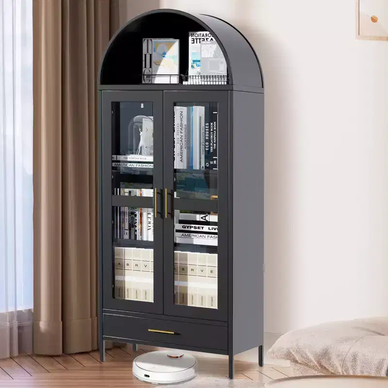 COZONY 73 Arched Metal Storage Cabinet w/Glass Doors and Drawers, Tall Pantry Display Cabinet w/Adjustable Shelves
