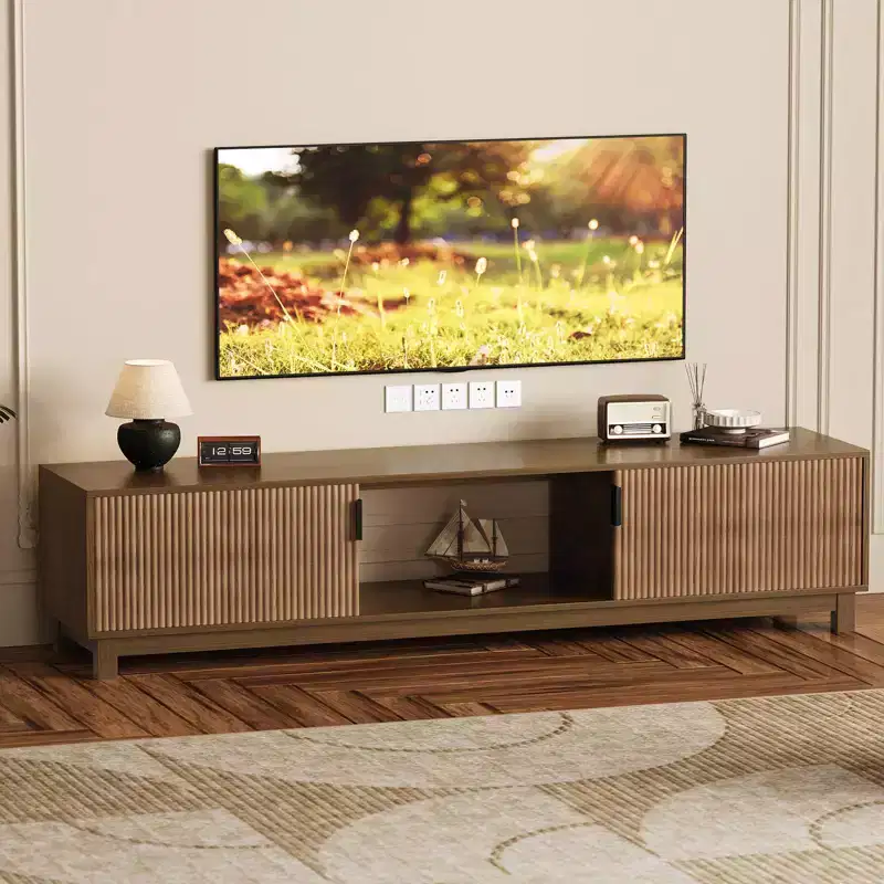 Mid Century Modern Low TV Stand, 70 Long Fluted TV Consoles Table with Open Storage Shelf for Living Room, Wooden Entertainment Center