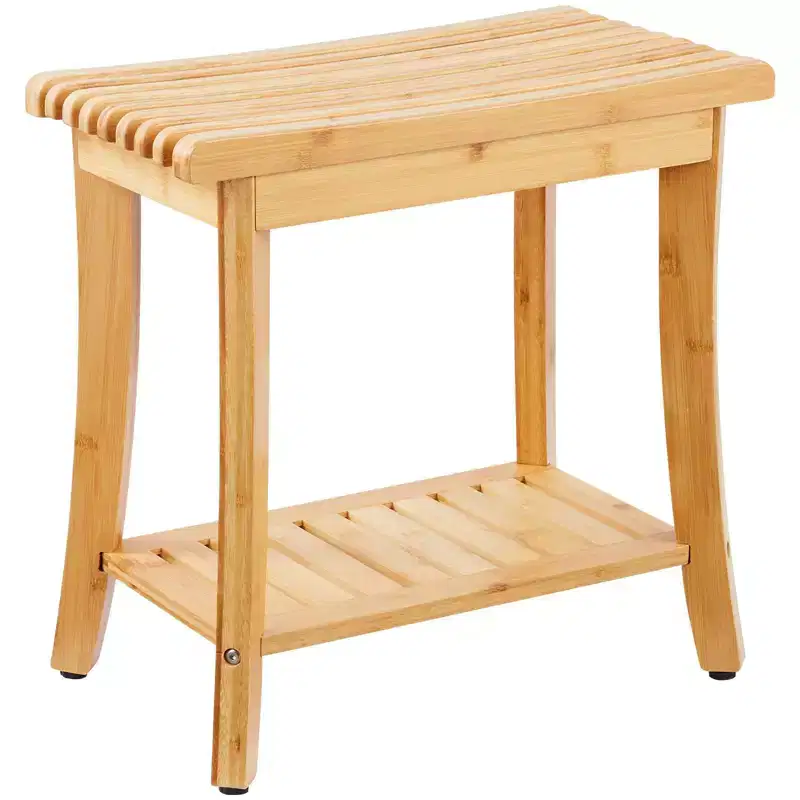 Bamboo Shower Bench, 19.1 x 11.3 x 18.3 in Waterproof Shower Stool with Storage Shelf, 330 lbs Bath Seat for Indoor & Outdoor
