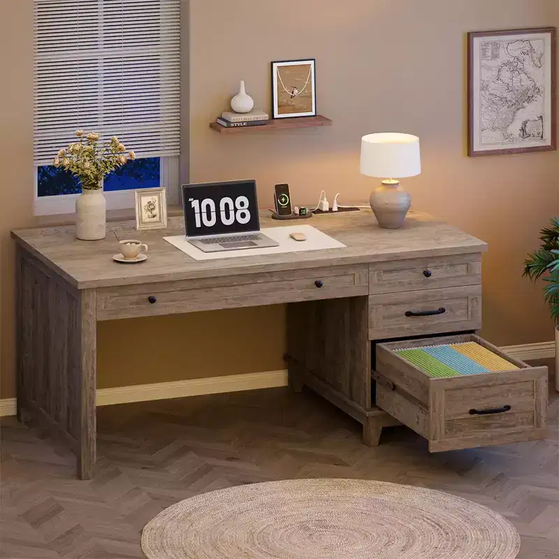 53.5 Executive Desk with 4 Drawers, Wooden Home Office Desk with File Cabinet, Farmhouse Computer Writing Desk for Study, Grey