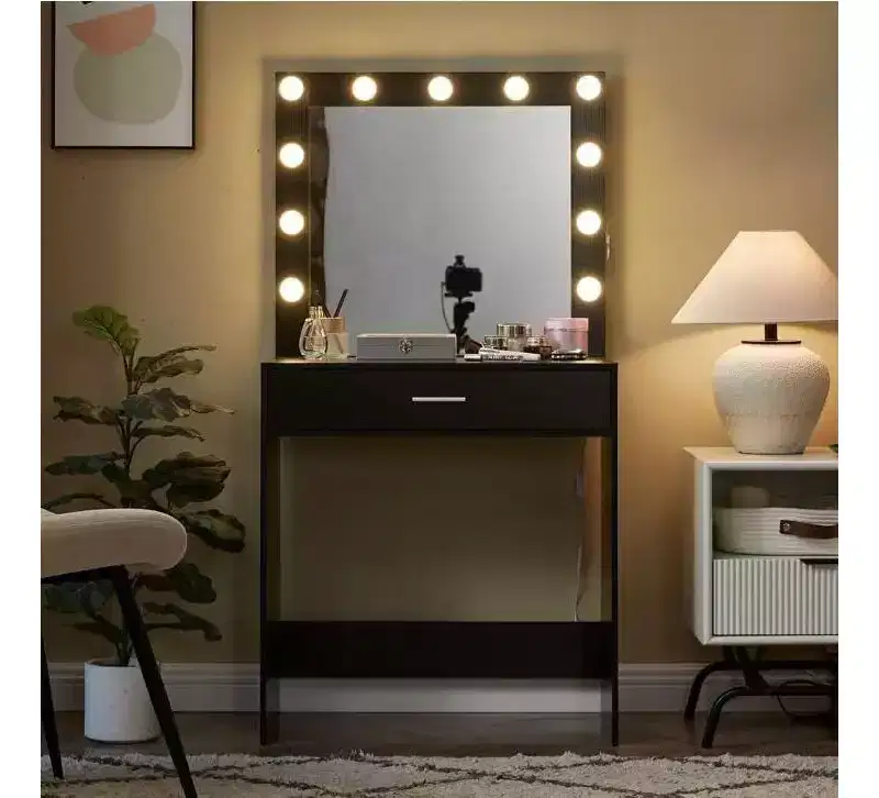 Okak Vanity Table with Spacious Drawers and Lights,Vanity Stool Set with Storage Compartment and 3-Level Adjustable Brightness Lighting,Black