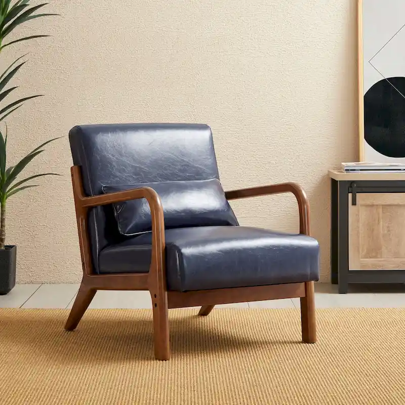 Glitzhome 30.75H Mid-Century Modern PU Leather Armchair Accent Chair with Pillow - 25.75W x 33.75D x 30.75H