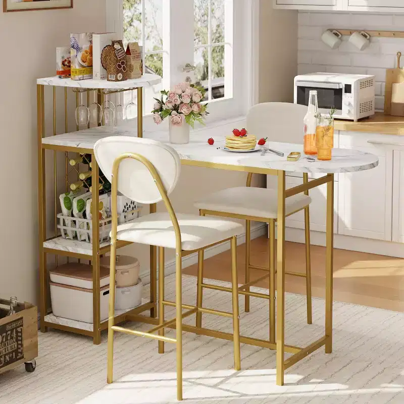 Expandable 3-Piece Dining Table Set for 2,Space-Saving Bar Table & Chairs with Storage Shelves,Ideal for Apartment, Kitchen, or Living Room