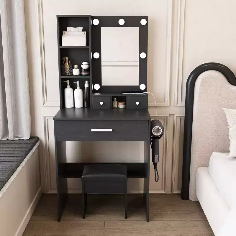 Modern Vanity Table with Mirror, Adjustable LED Lights, Power Outlet & Stool
