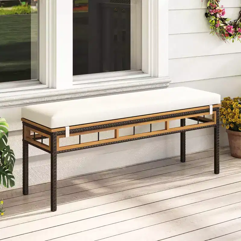 Costway 48 Wicker Patio Bench with Acacia Wood Seat Removable Padded Cushion for Garden