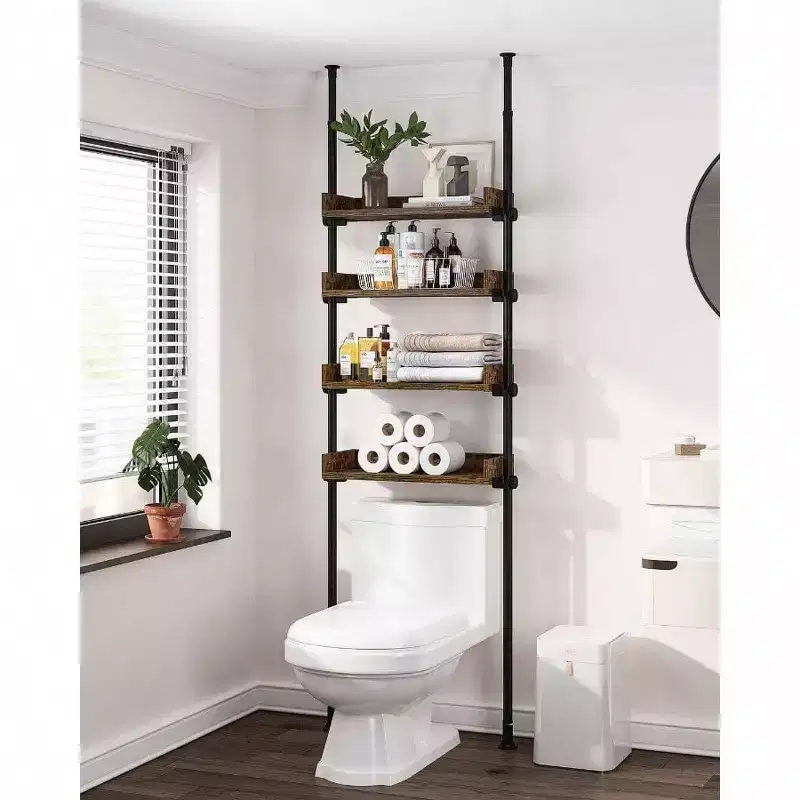 Bathroom Organizer Over Toilet Storage 4 - Tier Adjustable Wood Shelves Small Room Space Saver Narrow Cabinet Rustic Brown