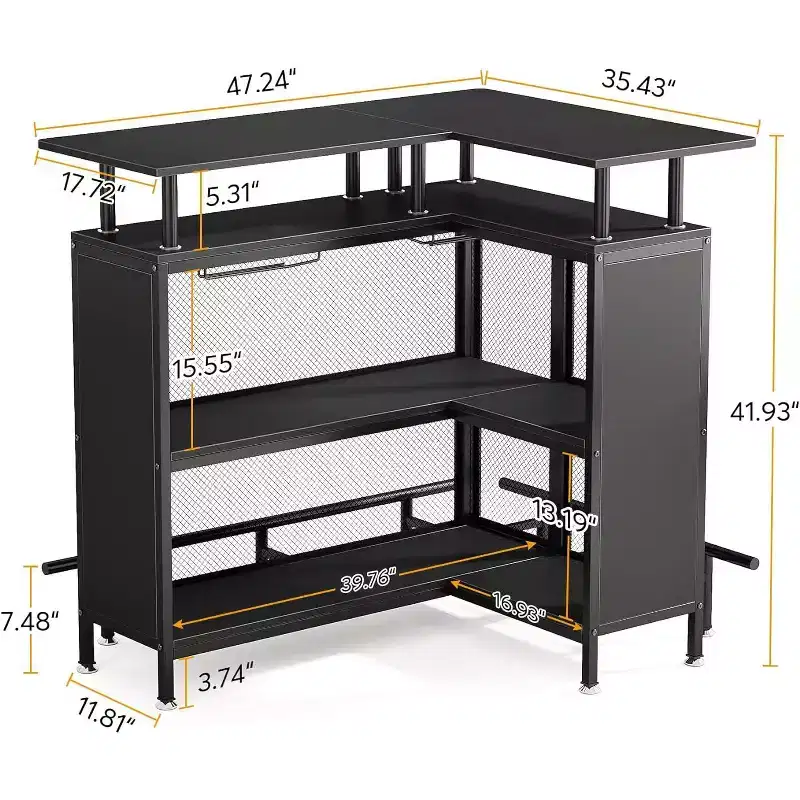 2-Tier L-Shaped Home Bar Unit – Stemware Racks, Open Shelves, Metal Mesh