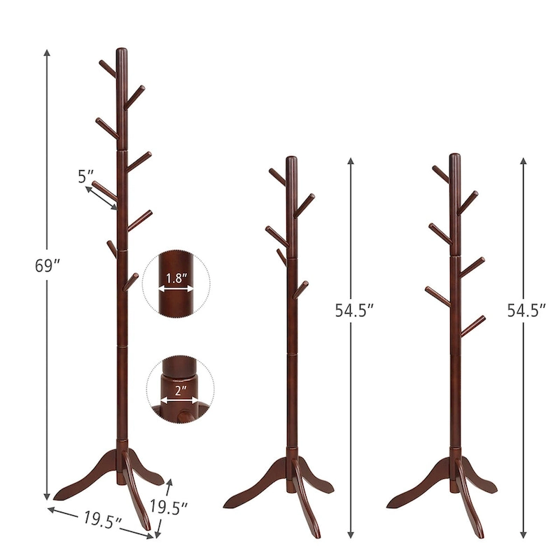 Wooden Coat Rack Stand Hall Tree 2 Adjustable Height w/ 8 Hooks