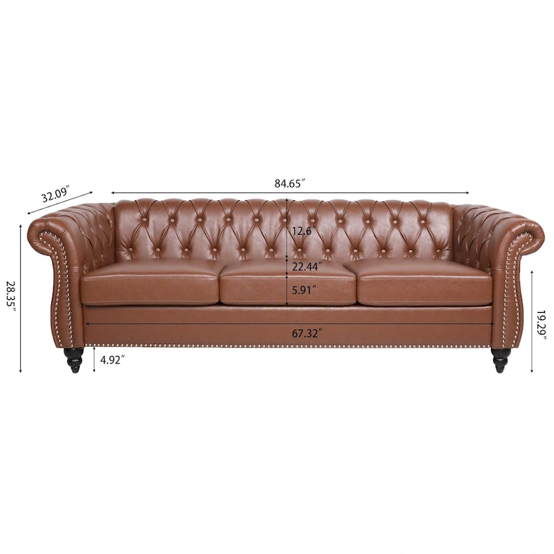 Classically Elegant 84.65 Three-Seater Rolled Arm Chesterfield Sofa in PU Leather - Sturdy Birch Legs, Soft Upholstery