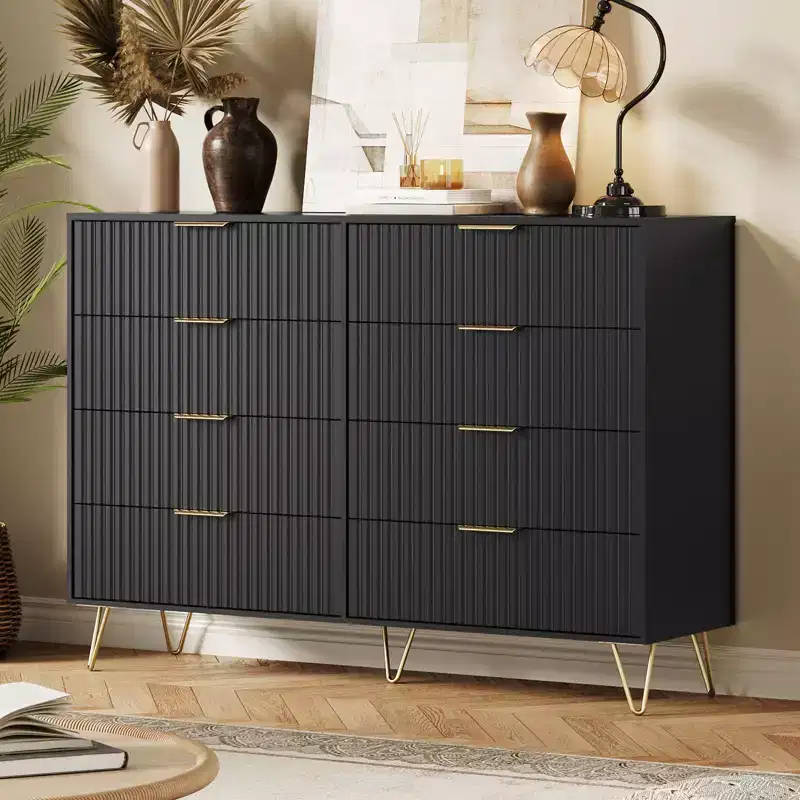 Acekool Fluted 8 Drawer Dresser for Bedroom, Wide Modern Wood Chest and TV Stand for Living Room Hallway