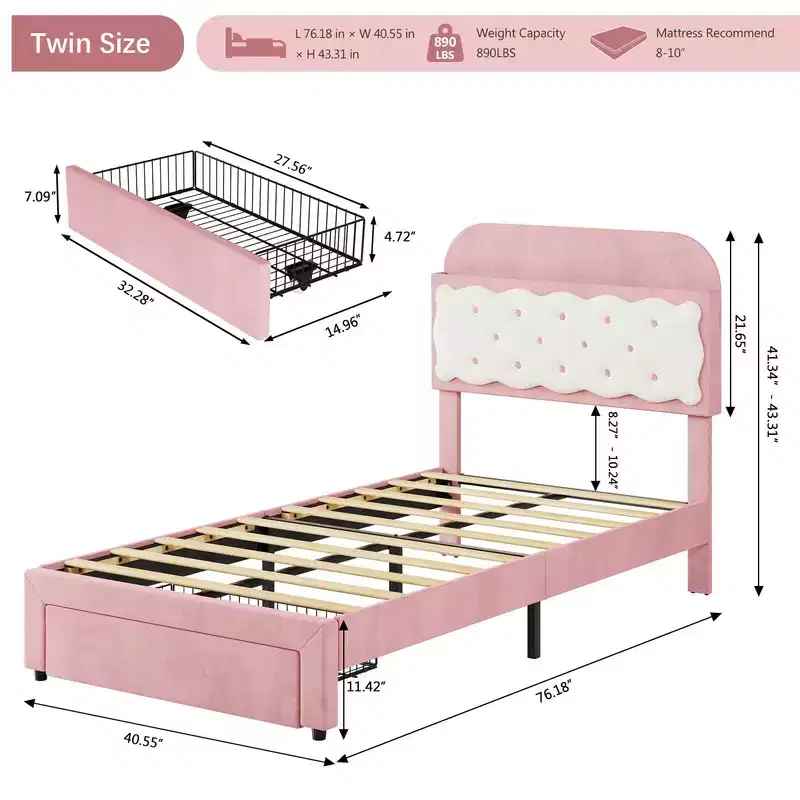 Coolmee Twin Bed Frames, Upholstered Platform Bed with Tufted Storage Headboard, Drawer, Sturdy Wood Slats, No Box Spring Needed, Easy Assembly