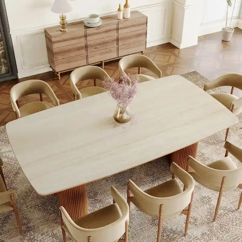 78.7 Rectangle Dining Table, Luxury Sintered Stone Kitchen Table with Solid Wood Legs