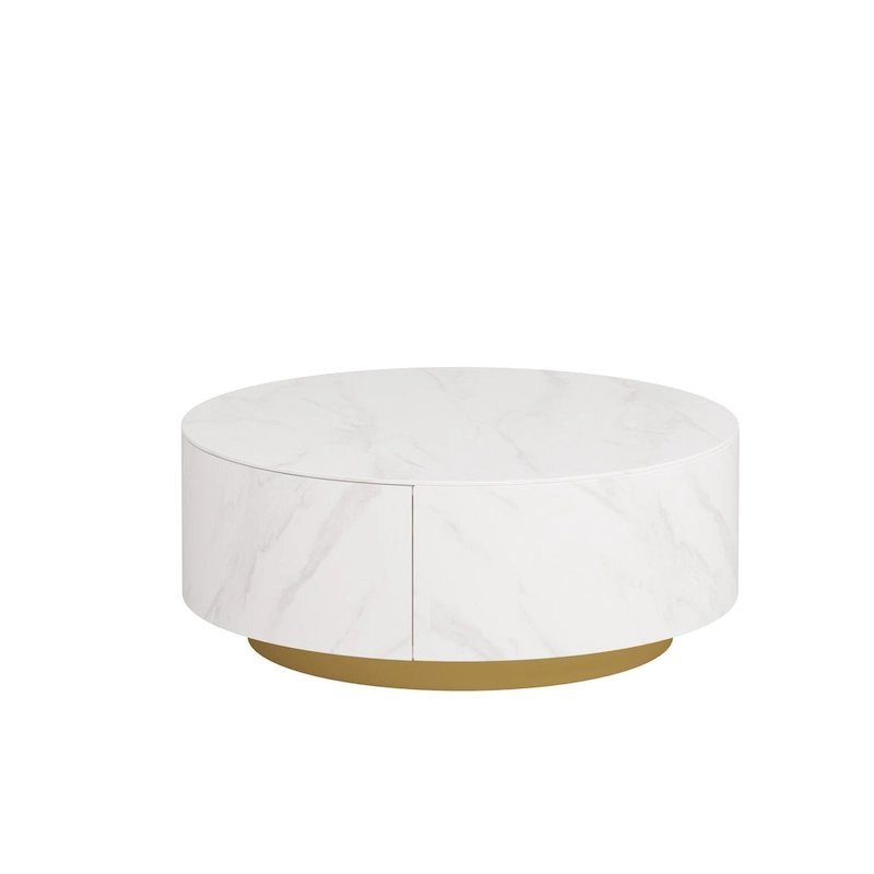 Modern Drum Coffee Table with Oak Veneer, Sintered Stone Coffee Table with 2 Solid Wood Drawers