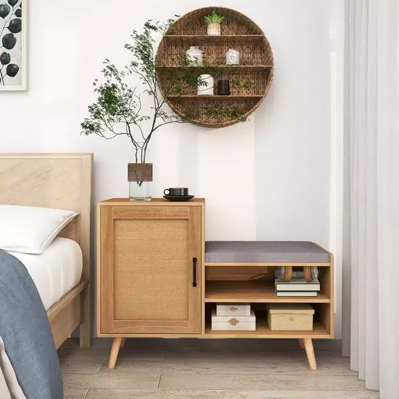 Costway 2-in-1 Rattan Shoe Cabinet with Bench 3 Adjustable Shelves & Solid Pine Wood Legs