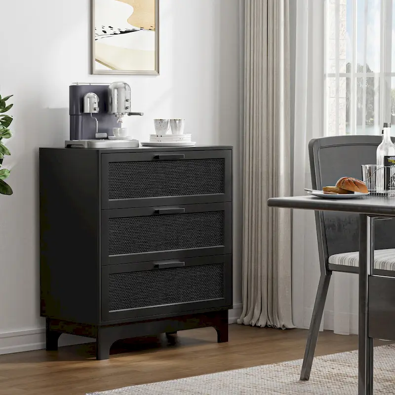 Black 3-Drawer Rattan Dresser – Modern Chest of Drawers for Bedroom