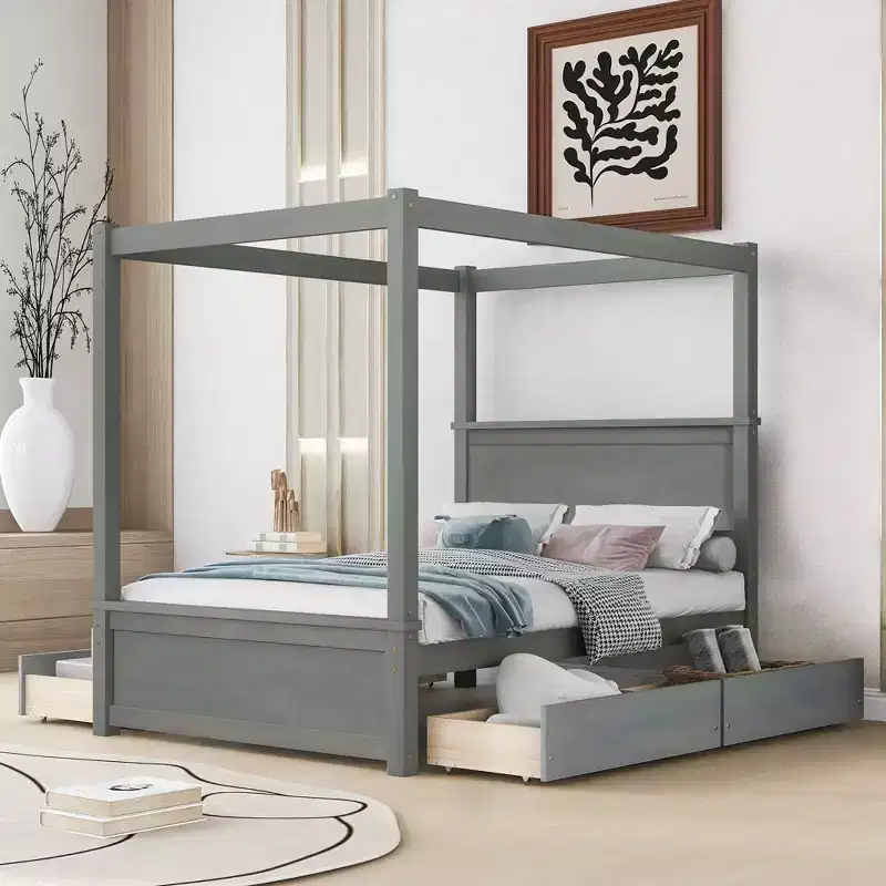 Full Size Wood Canopy Platform Bed with Trundle Bed/Two Drawers/Four Drawers/Trundle Bed and Two Drawers, 4L -ModernLuxe