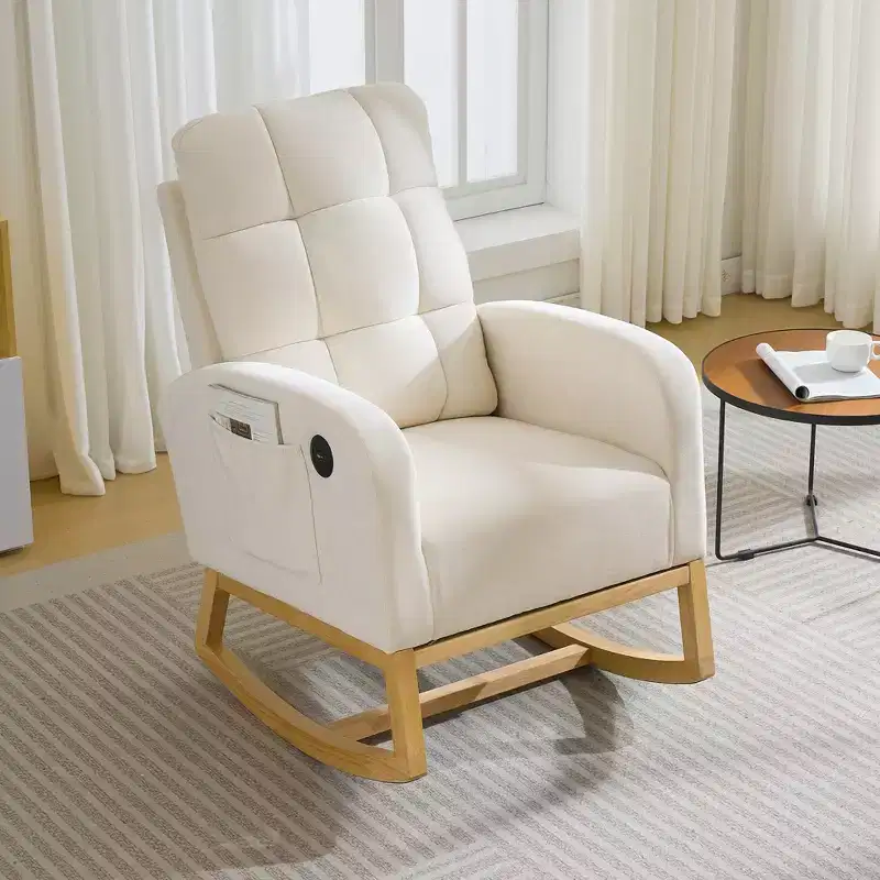 Linen Upholstered Wood Frame Rocking Chair with Footrest & Side Pocket