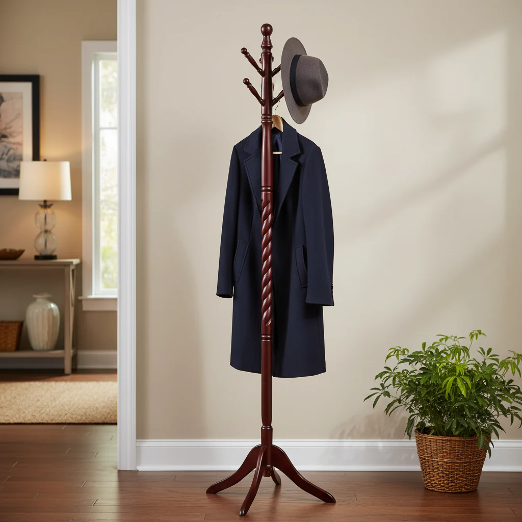 71.5IN Freestanding Hall Tree with Wooden Stand, Elegant Coat Rack with 6 Hooks, Coat Tree for Living Room, Bedroom, Entryway, Cherry