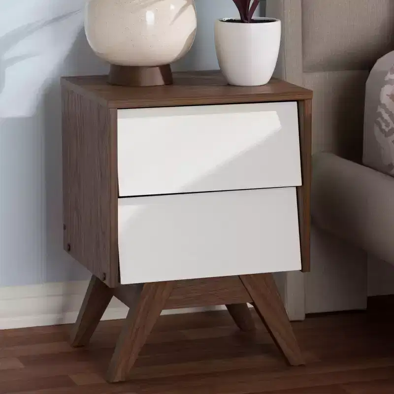 Mid-Century Modern Wood 2-Drawer Storage Nightstand with Splayed Legs