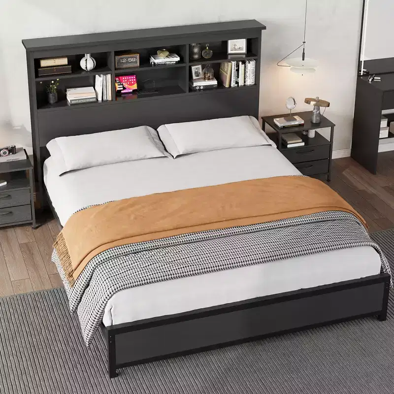 COZONY Bed Frame with Bookcase Headboard and Charging Station, 2-Tier Storage Platform Bed with Easy Assembly