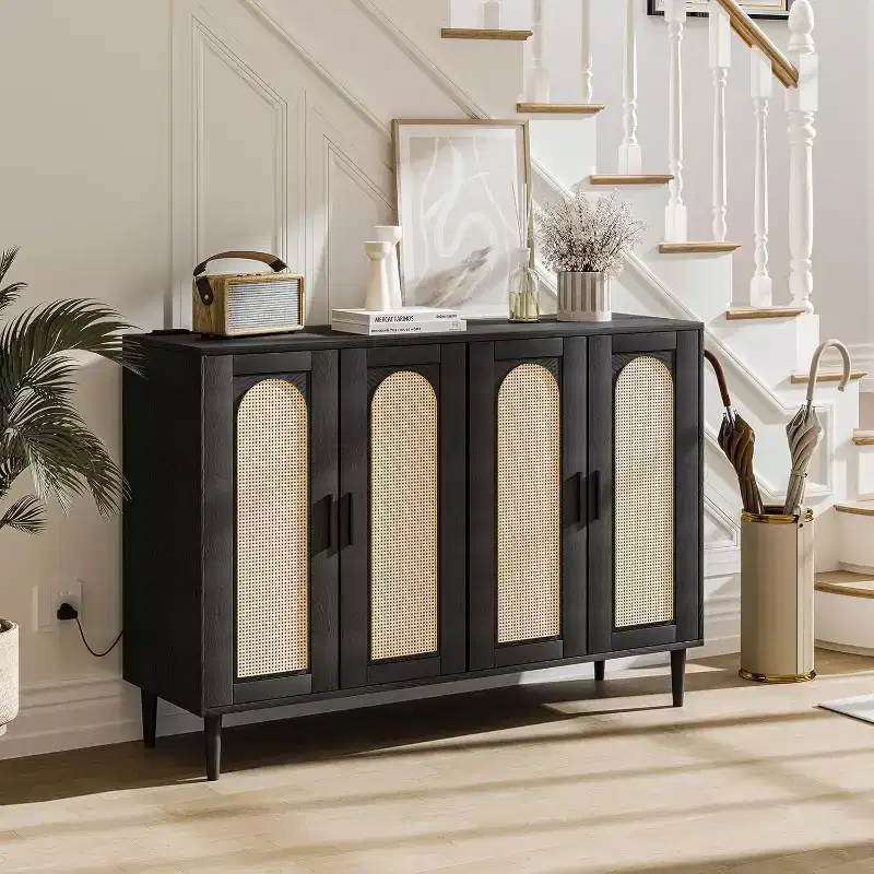 Rattan Sideboard with Power Outlet, Boho Buffet Cabinet, 4-Door Storage for Dining & Living Room