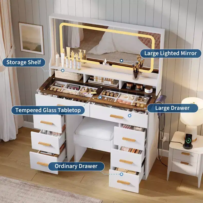 GustoWave Modern Vanity Desk with Mirror, 8 Drawers 3 Shelves Glass Top Makeup Table for Bedroom, White Rustic