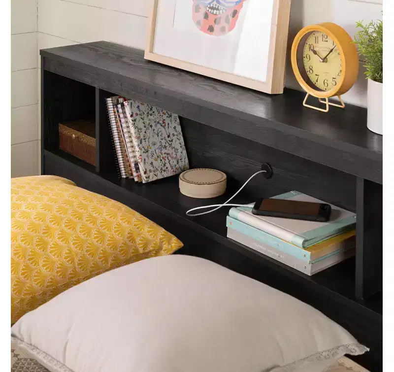 Bookcase Headboard – Pure Black, Full Size, Wood, 3 Open Storage Compartments