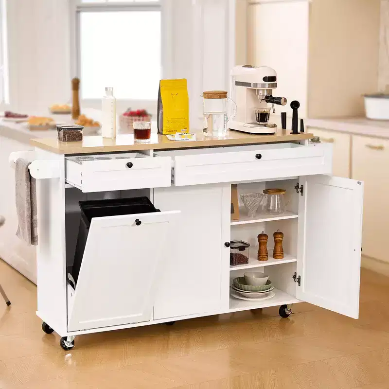VEVOR Kitchen Island Cart with Storage, 60in Wide Mobile Kitchen Cart with Wheels, Drop Leaf, 2 Drawers, Trash Can Cabinet, Knife Holder,White