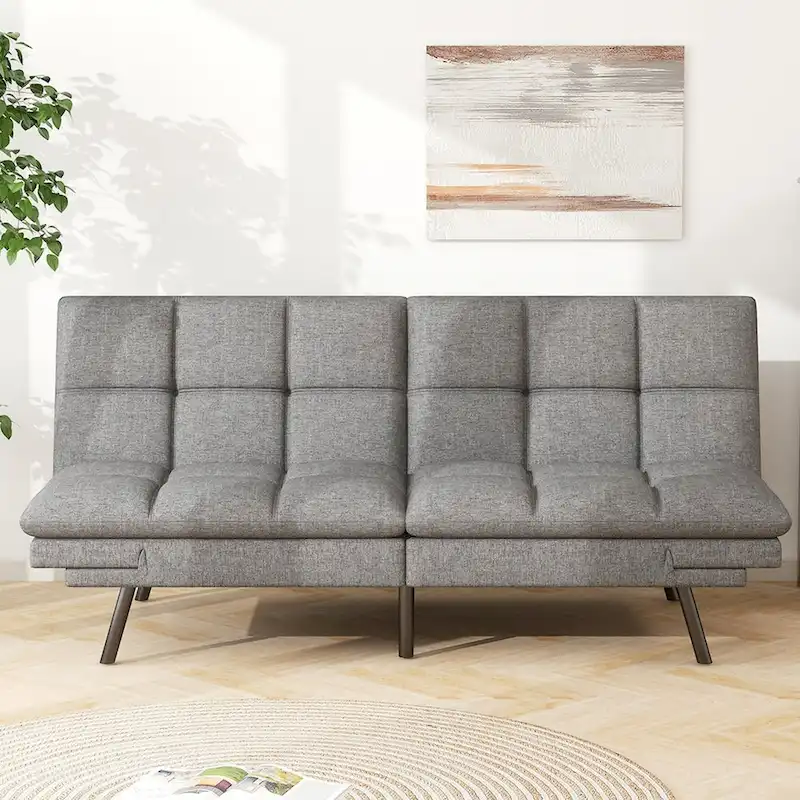 Memory Foam Futon Couch Bed Faux Leather Convertible Sofa with Adjustable Splitback Armrests for Compact Living Space, Grey