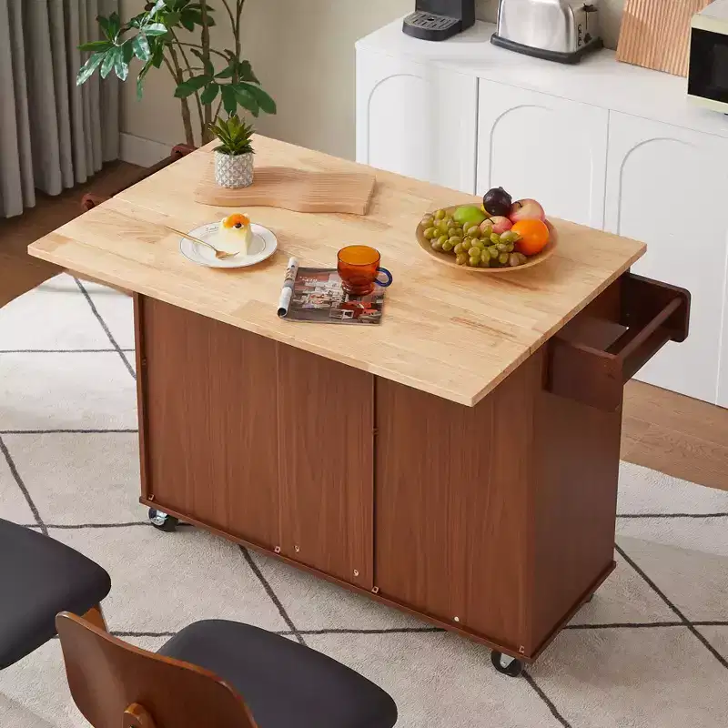 Okak Kitchen Island with Drop-Leaf Table, Kitchen Cart with 3 Drawers and 1 Shelf, Space-Saving Kitchen Island On Wheels for Dining Room
