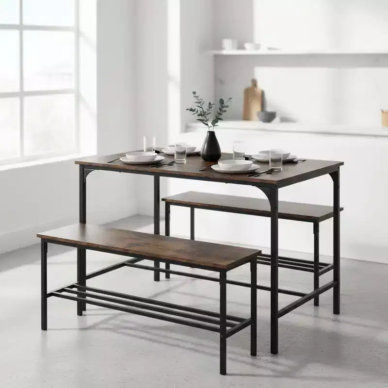 Homy Casa 3-Piece Small Space Dining Table Set with Metal Frame, Engineered Wood Top, Brown