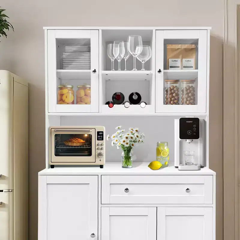 Storage Cabinet with Wine Rack, Drawers, Glass Display Doors and Microwave Shelf, Dining Room Sideboard