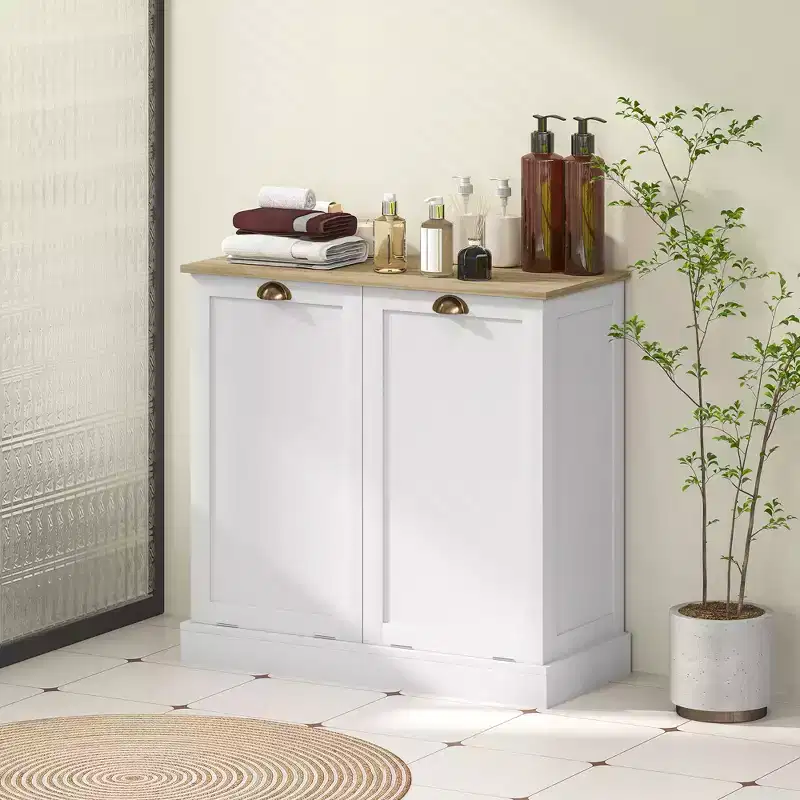 HOMCOM Dual Tilt-Out Laundry Hamper Cabinet with 2 Removable Baskets, Modern Bathroom Storage Cabinet with Shaker Doors and Handles, White